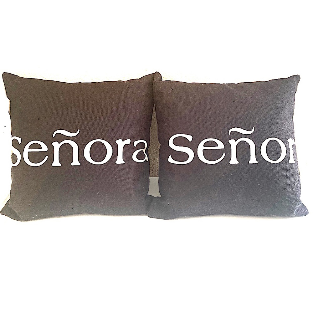 Señor Señora Black linen throw pillows